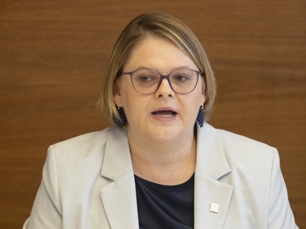 Eine Frau bei einer Pressekonferenz