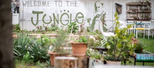 Garten mit Mauer und Graffiti