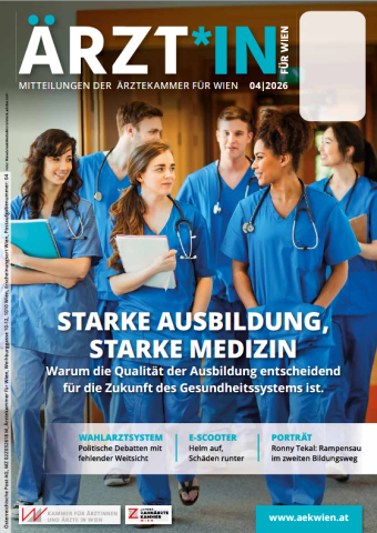 Das Cover der Ausgabe von Ärzt*in für Wien im April 2026 zeigt eine Gruppe junger Ärztinnen und Ärzte.